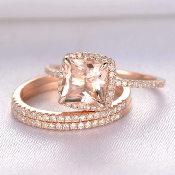 3 pcs Morganite CZ Engagement Wedding Ring Set - Picture 2 of 4